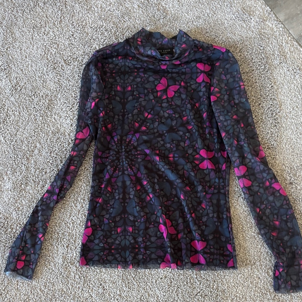 Ted Baker Black and Grey Long Sleeve Mock Neck Top with Pink Butterfly Accents